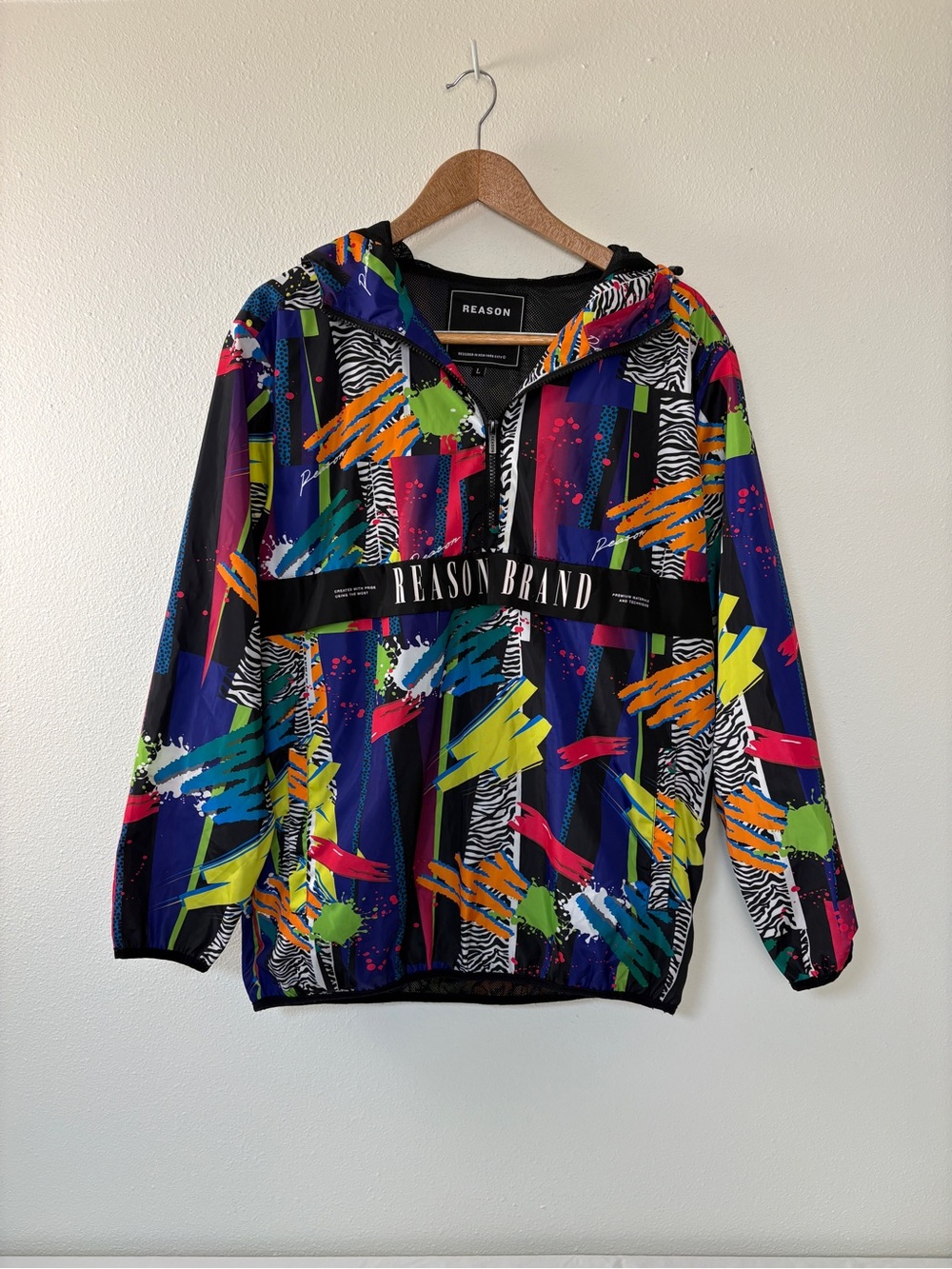 REASON Multicolor Neon Graphic Hooded Windbreaker 90s Y2K Vivid Abstract Zebra